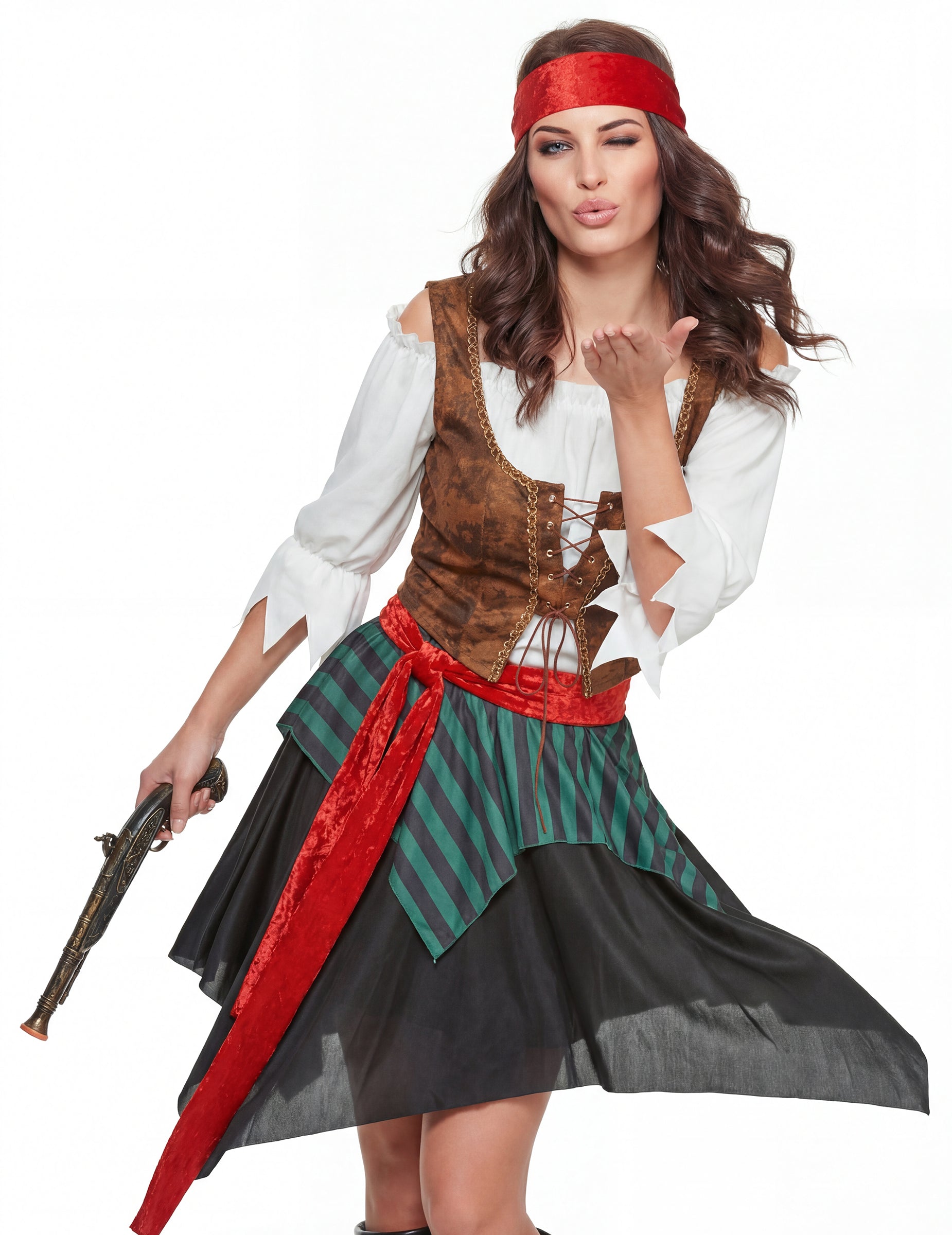 Detail hrudi a pistole pirátského kostýmu pro ženy