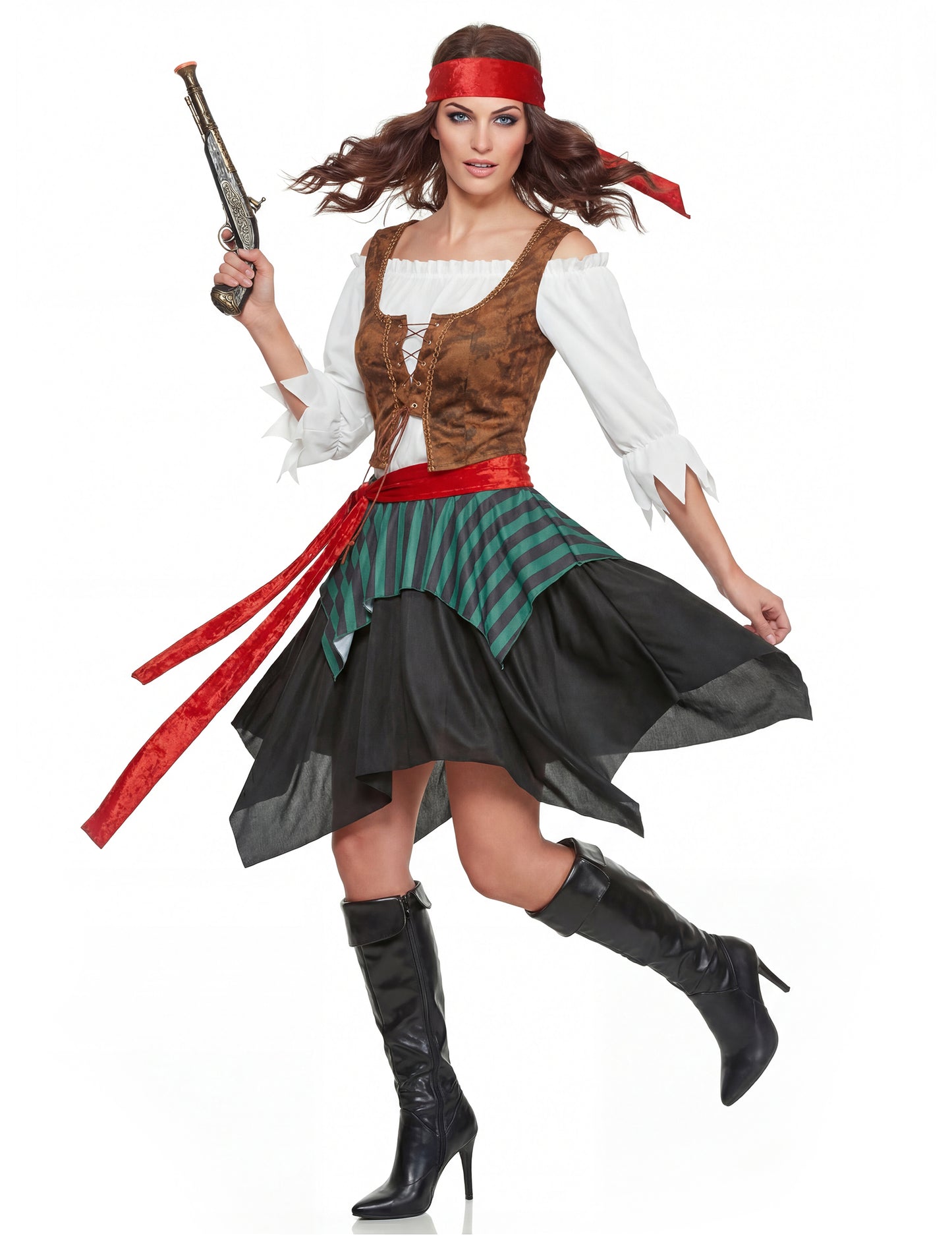 Pohled na pirátský kostým pro ženy s pirátským pistolí
