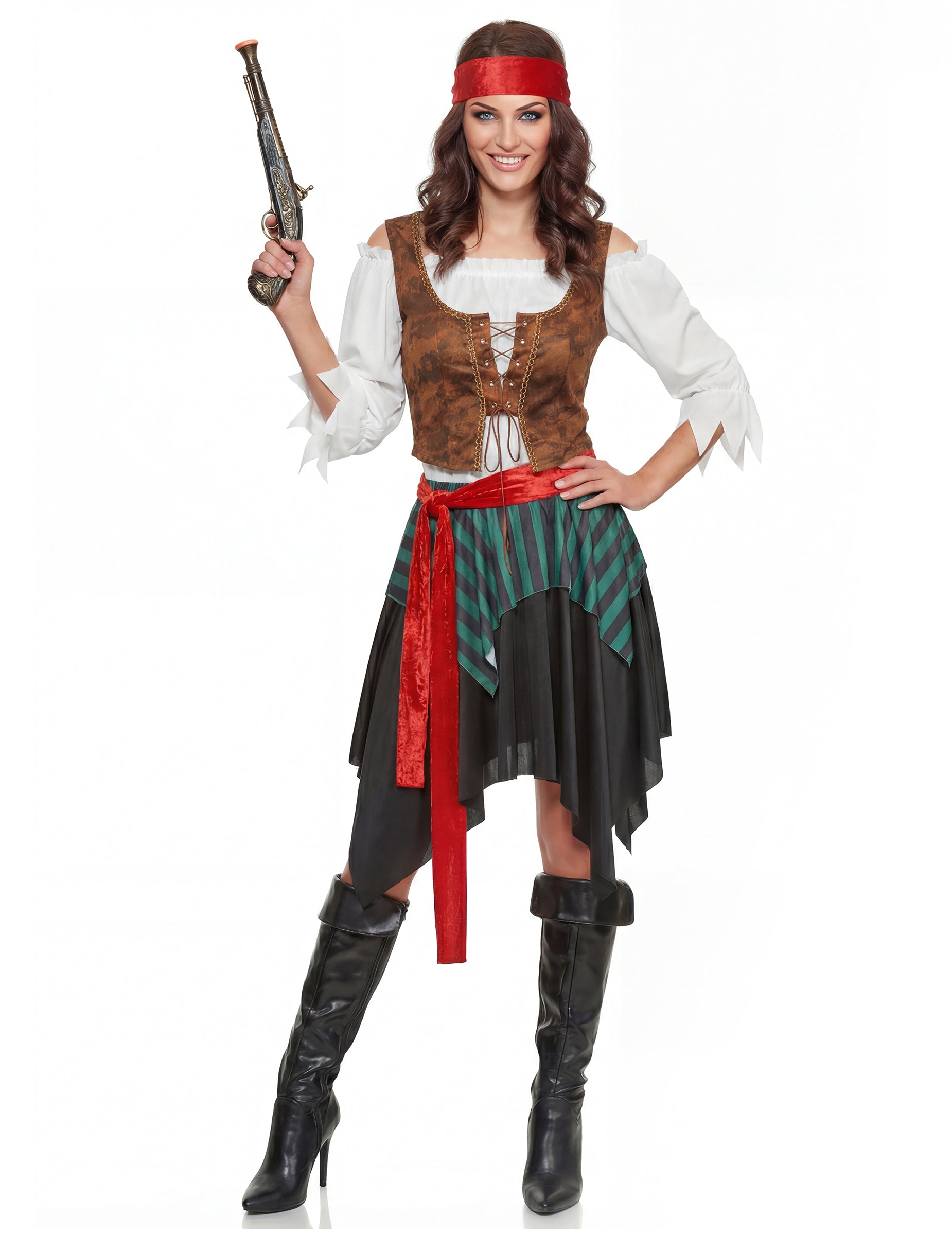 Úplný pohled zepředu s pistolí pirátského kostýmu pro ženy