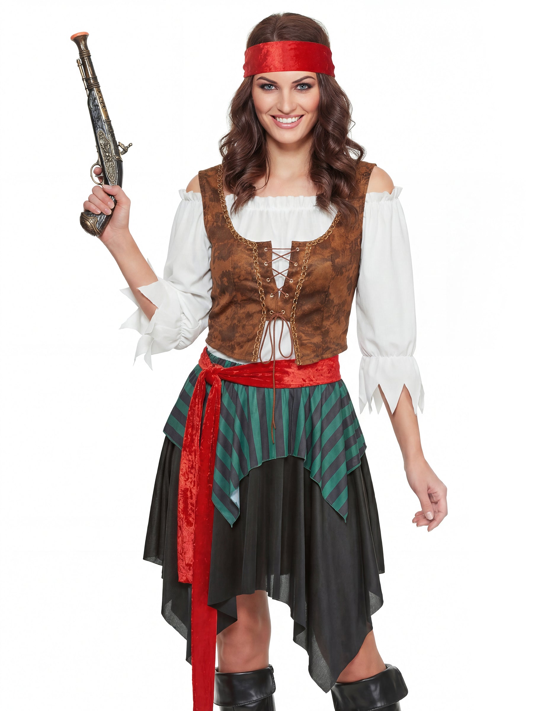 Pohled zepředu s pistolí pirátského kostýmu pro ženy