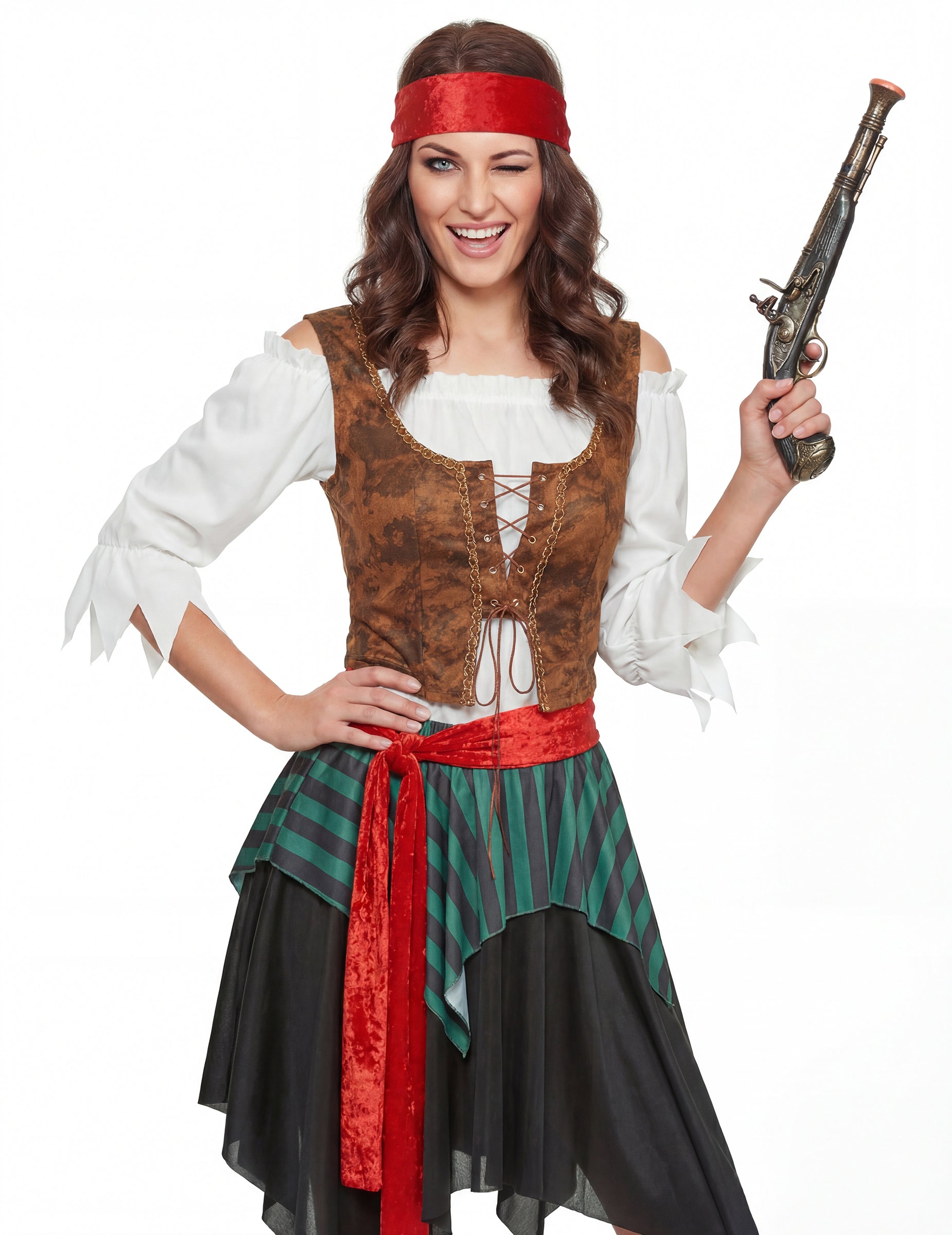 Detailní záběr na hrudník s pistolí pirátského kostýmu pro ženy