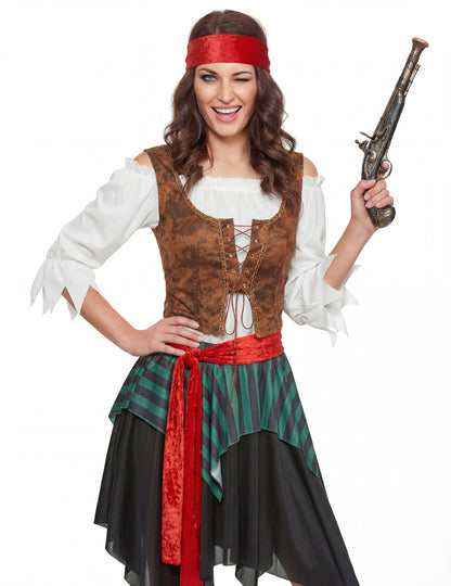 Detailní záběr na hrudník s pistolí pirátského kostýmu pro ženy