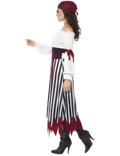 Pohled z boku na dámský pirátský kostým s černobílým pruhem
