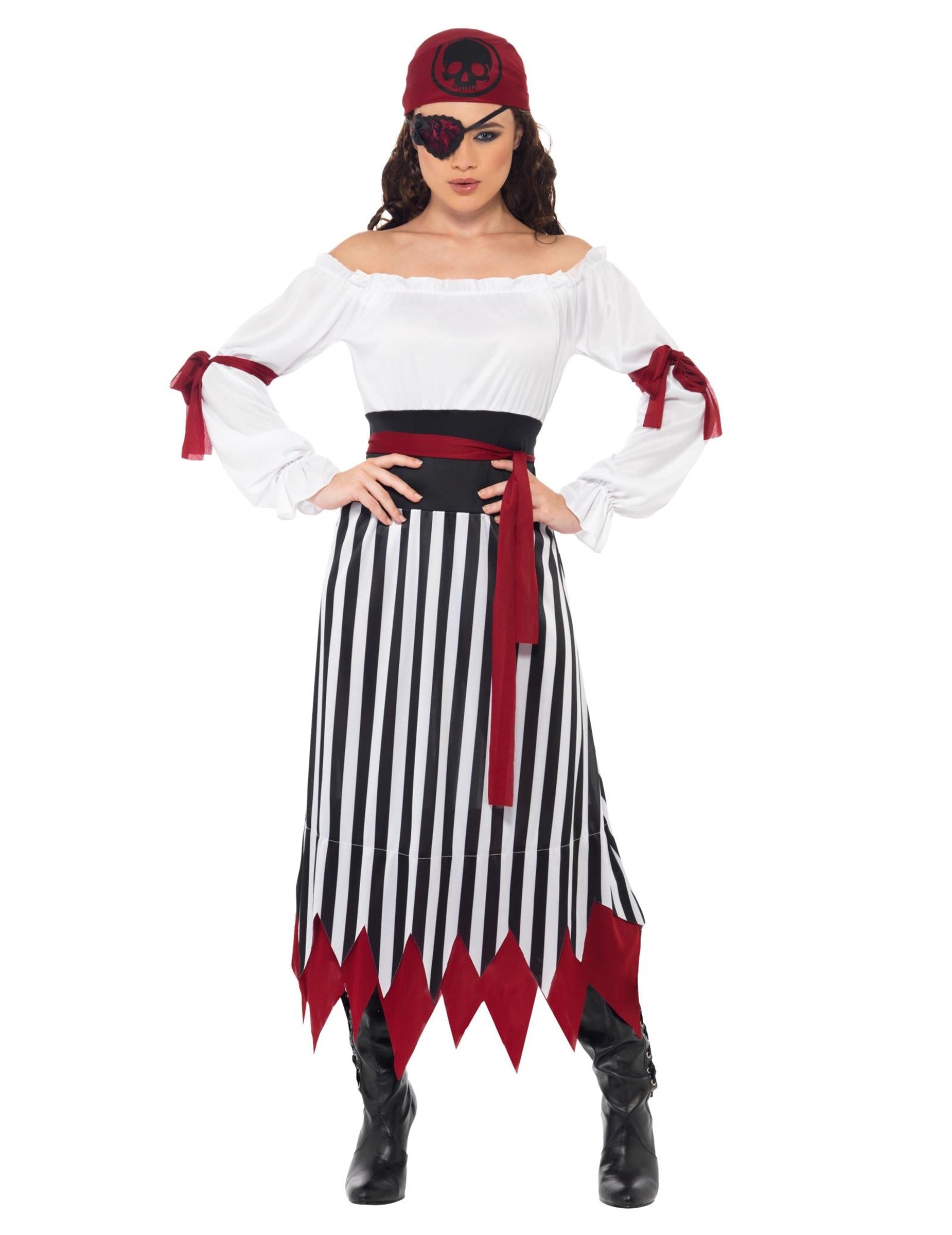 Pohled zepředu na dámský pirátský kostým s černobílým pruhem
