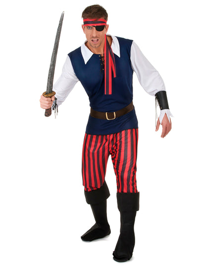 Déguisement de pirate pour homme bleu à rayures rouges et noires avec bandeau