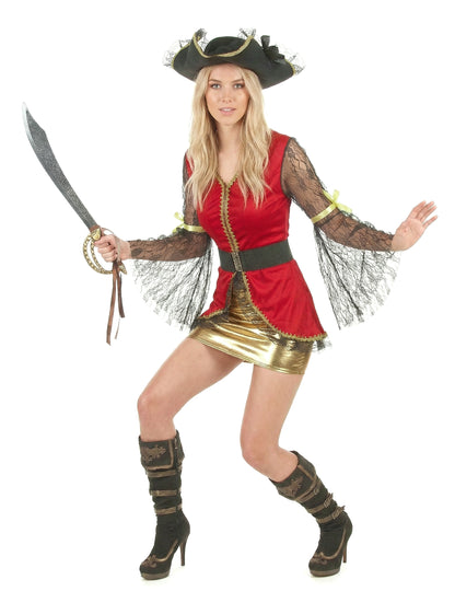 Dámský pirátský kostým v červené a zlaté barvě