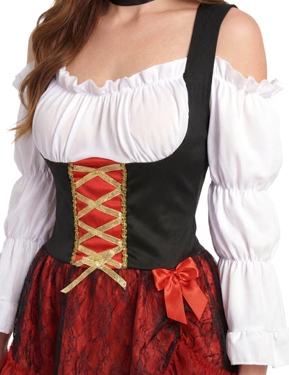 Détail du bustier rouge à laçage doré du déguisement pirate sexy pour femme