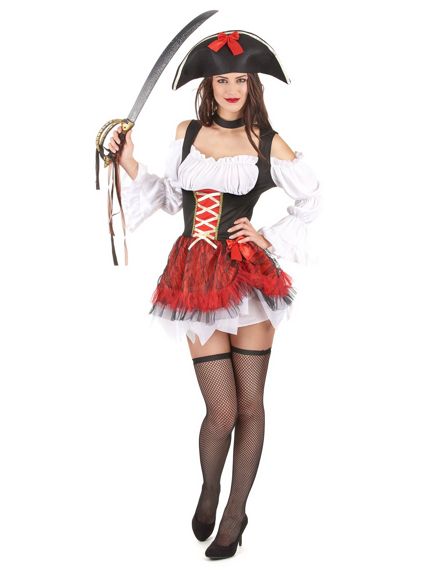 Déguisement pirate sexy pour femme blanc et rouge avec chapeau