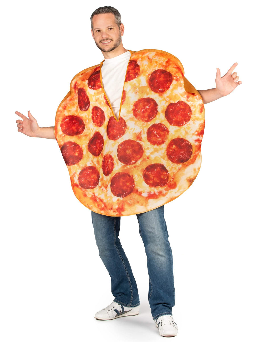 Pohled zepředu na dospělý kostým pizzy s pepperoni