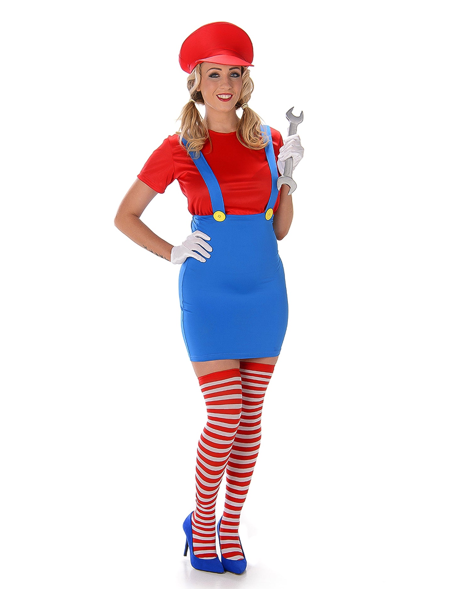 Vue d'ensemble avec accessoires du déguisement Plombier rouge