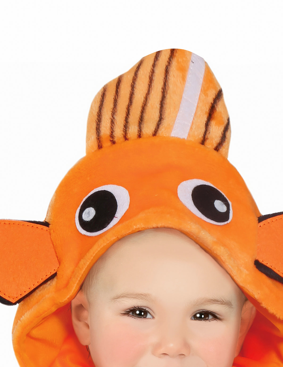 Détail de la capuche du déguisement poisson clown pour bébé