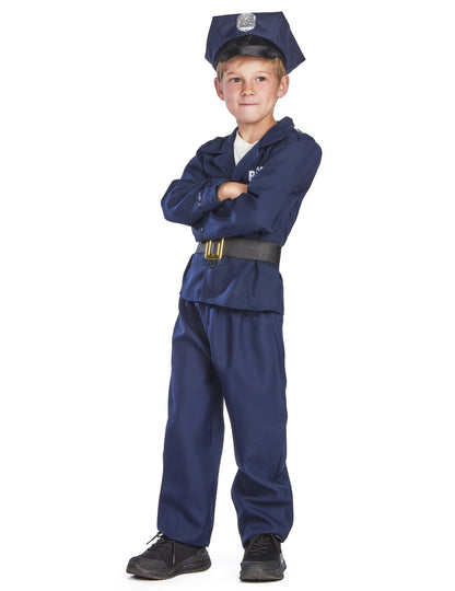 Pohled z profilu s překříženýma rukama luxusního policajtského kostýmu