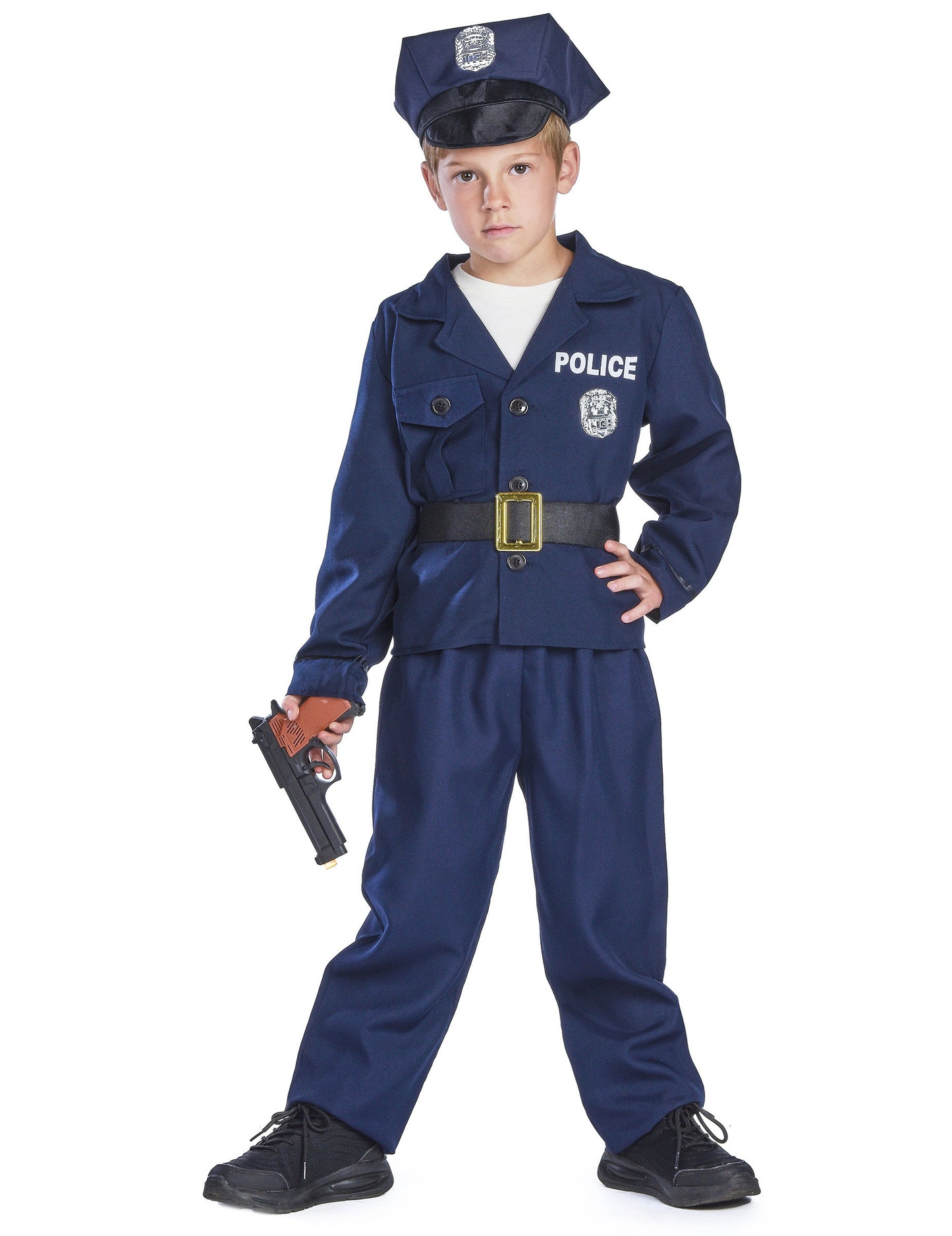 Pohled zepředu s plastovou pistolí luxusního policajtského kostýmu