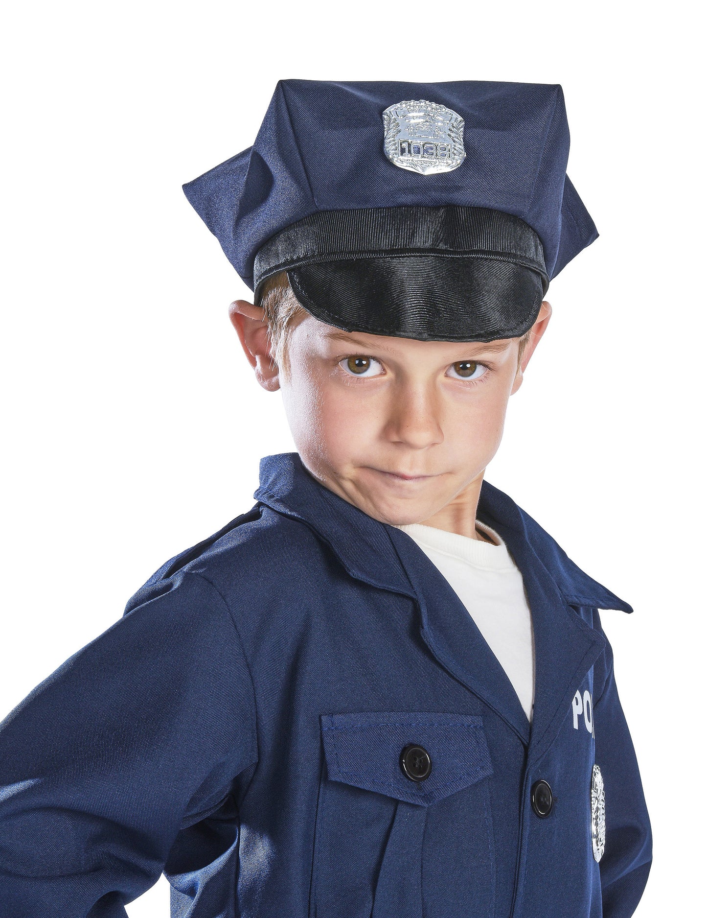 Detail čepice a odznaku luxusního policajtského kostýmu