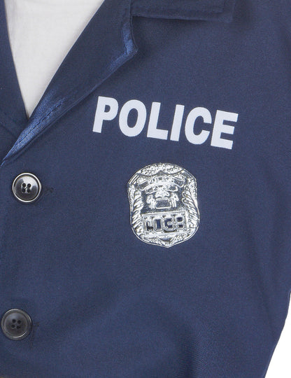 Detailní pohled na nápis POLICE a odznak luxusního policajtského kostýmu