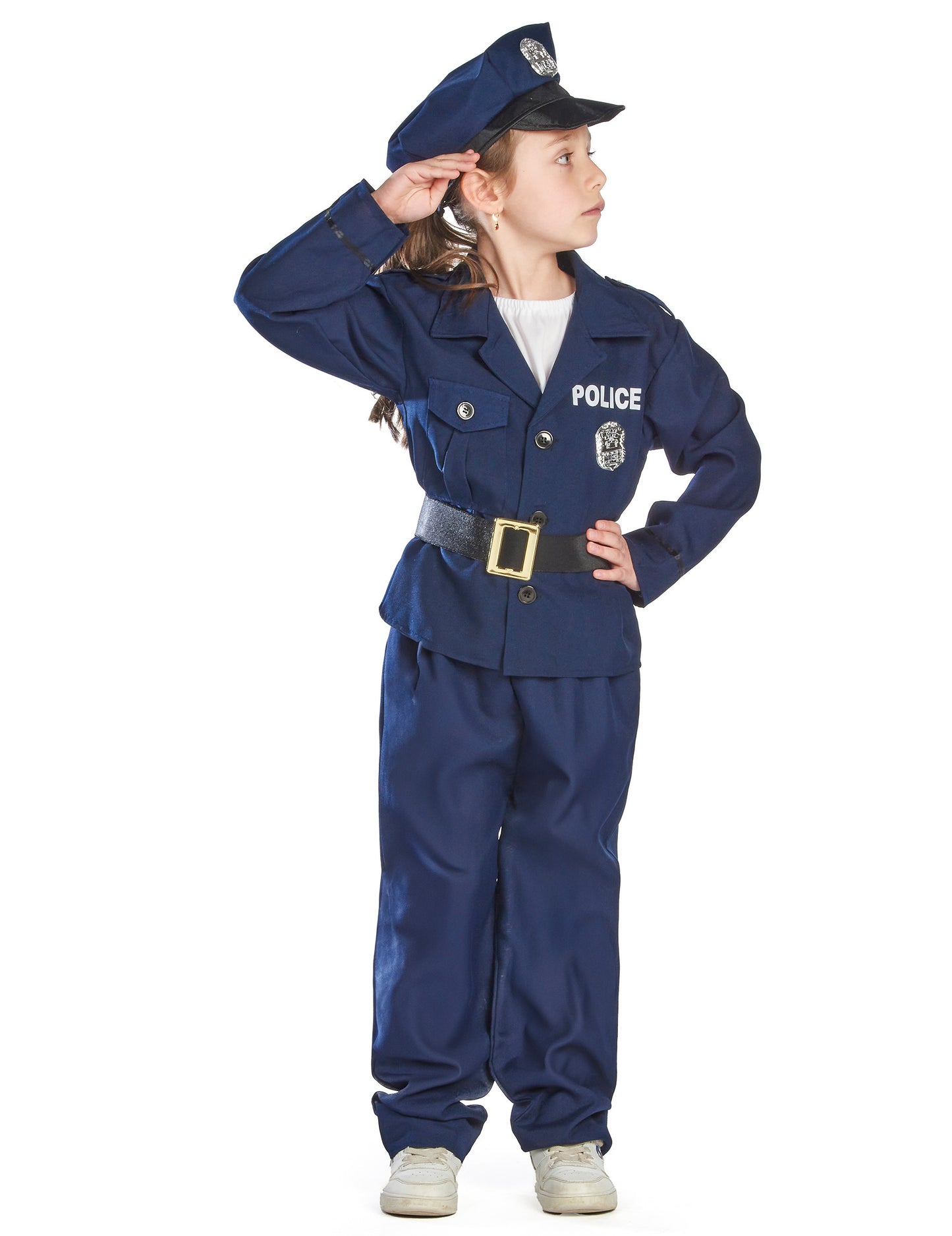 Pohled z profilu s pozdravem luxusního policajtského kostýmu pro chlapce