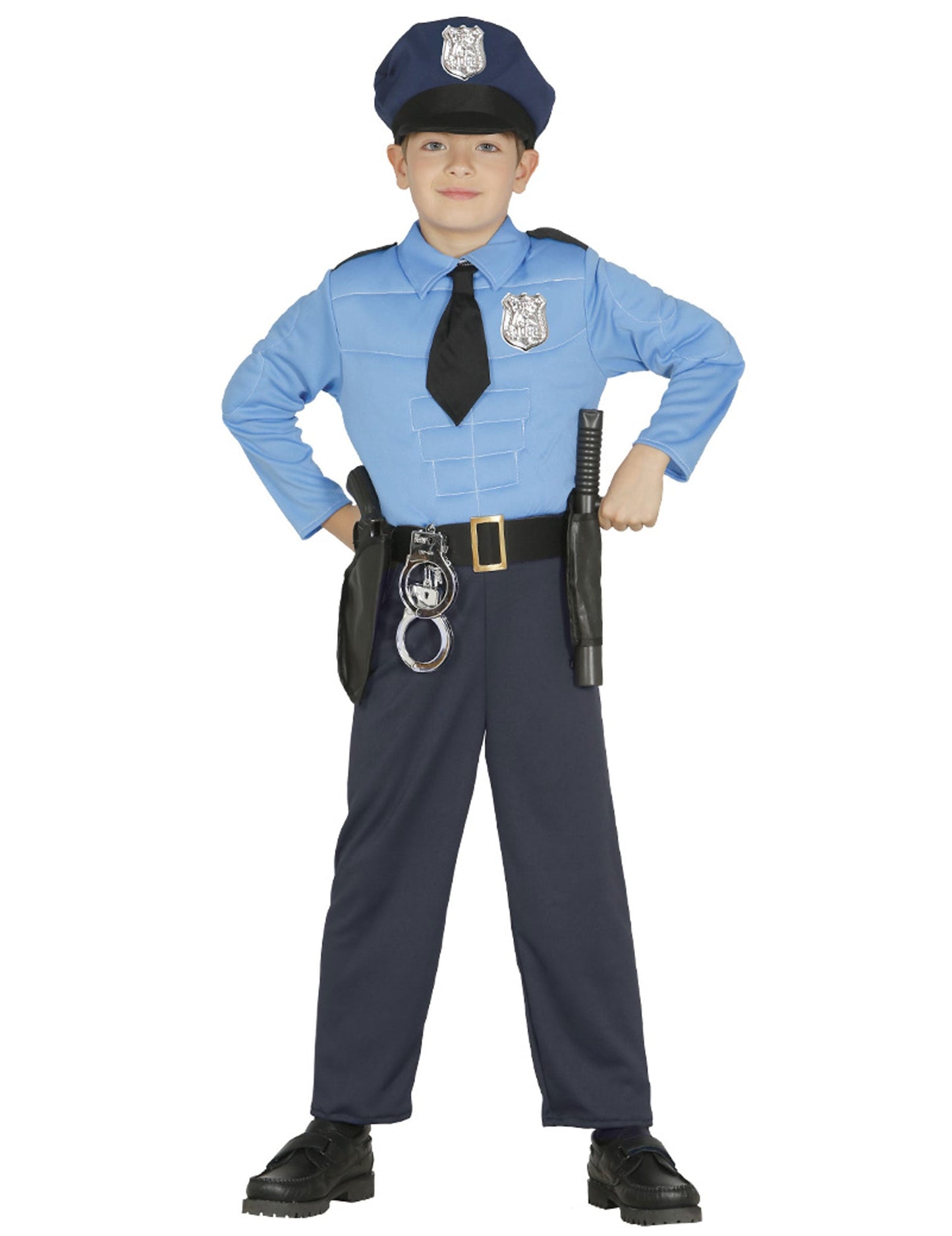 Déguisement de policier musclé pour garçon bleu ciel et bleu marine avec casquette et accessoires