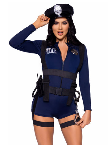 Déguisement policière combishort sexy pour femme bleu marine avec casquette et menottes