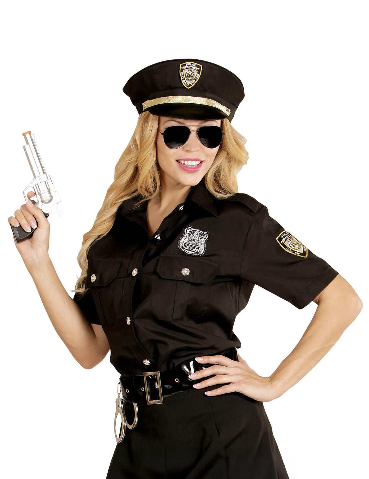 Detail falešné zbraně a busty kostýmu policistky