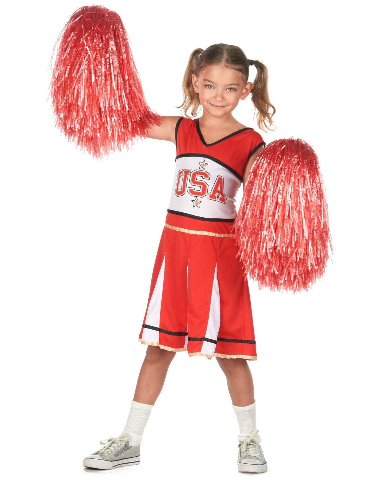 Pohled zepředu s pozvednutými pompony kostýmu pompom girl usa