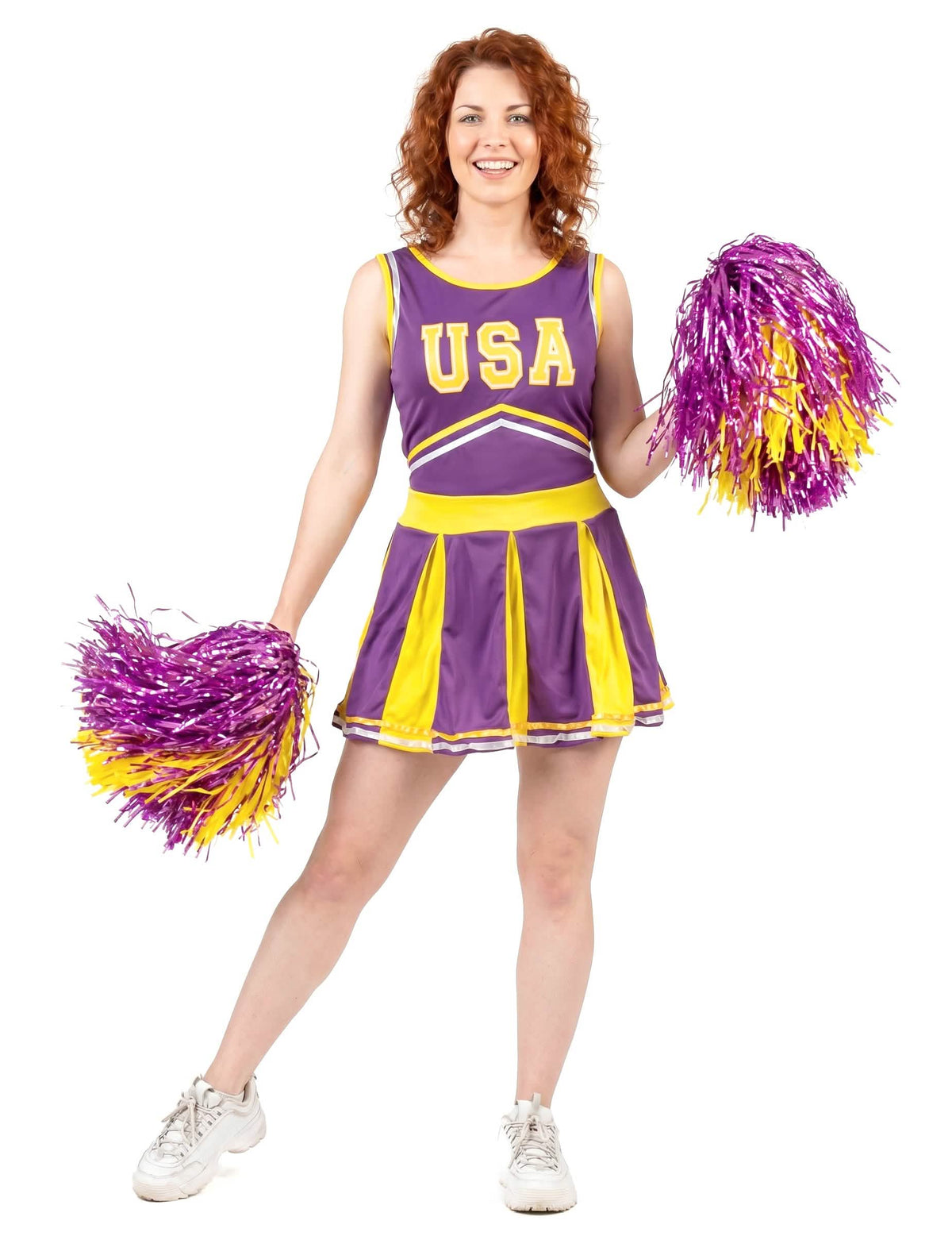 Kostým americké pompom girl pro ženu fialová a žlutá s pompony
