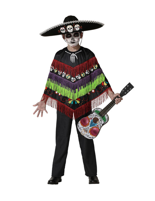 Déguisement poncho squelette Dia de los muertos pour enfant noir à franges colorées avec sombrero