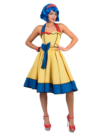 Déguisement pop art pour femme jaune bleu et rouge à pois style bande dessinée