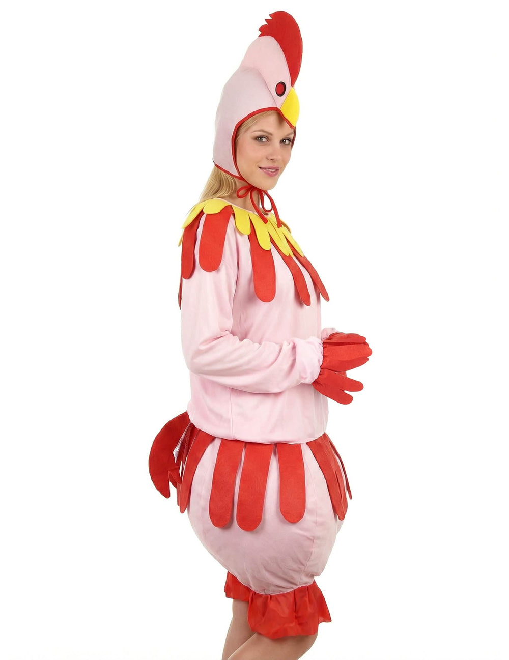 Boční pohled na kostým slepice pro dospělého