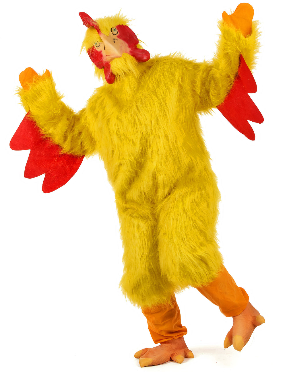 Vue d'ensemble avec les ailes déployées du déguisement de poulet pour adulte