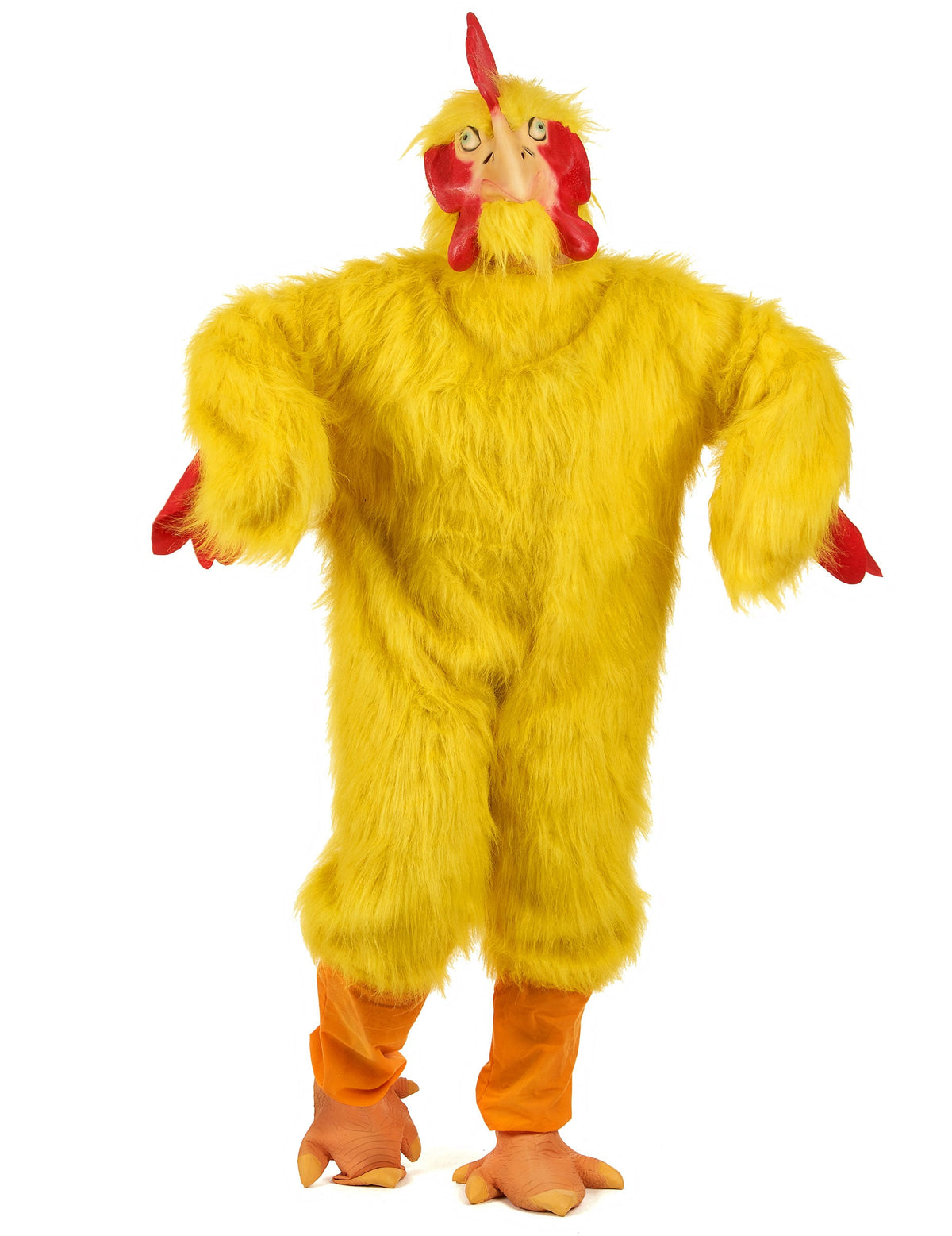 Déguisement de poulet pour adulte jaune en peluche avec masque et pattes