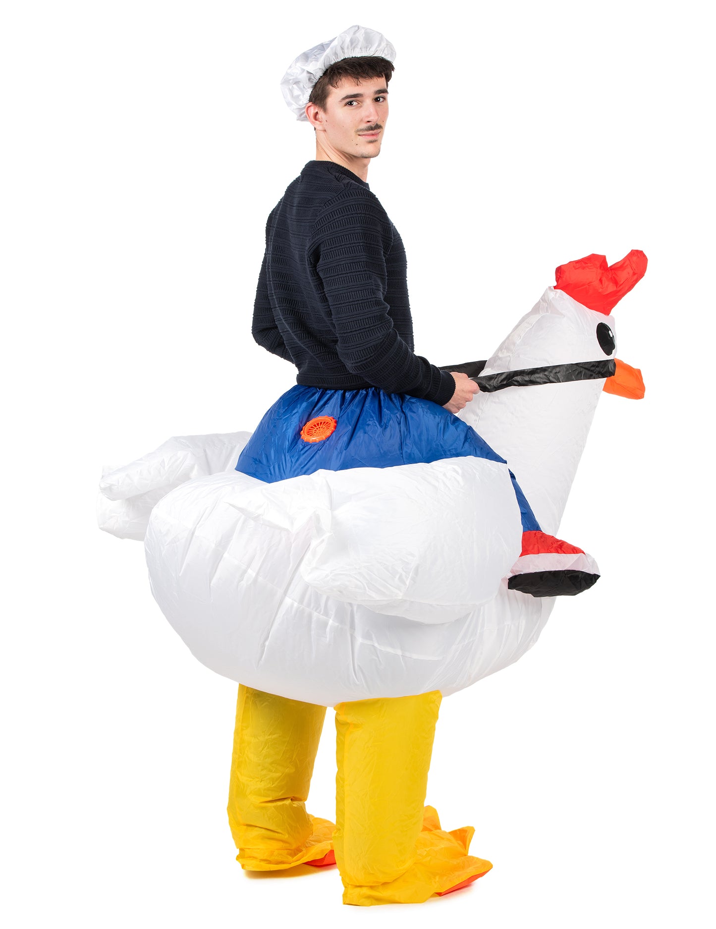 Vue de trois-quart dos du déguisement gonflable de poulet pour adulte