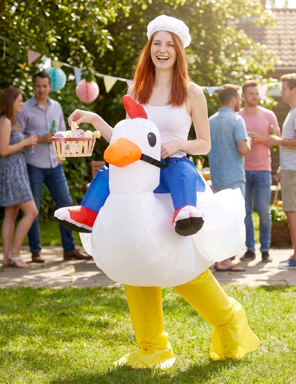 Aufblasbares Hühnchen Reiterin Kostüm bunt