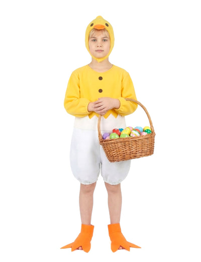 Déguisement de poussin pour enfant jaune et blanc avec capuche et pattes orange