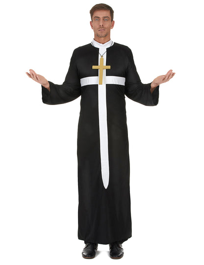 Déguisement de prêtre pour homme noir avec croix blanche et collier doré
