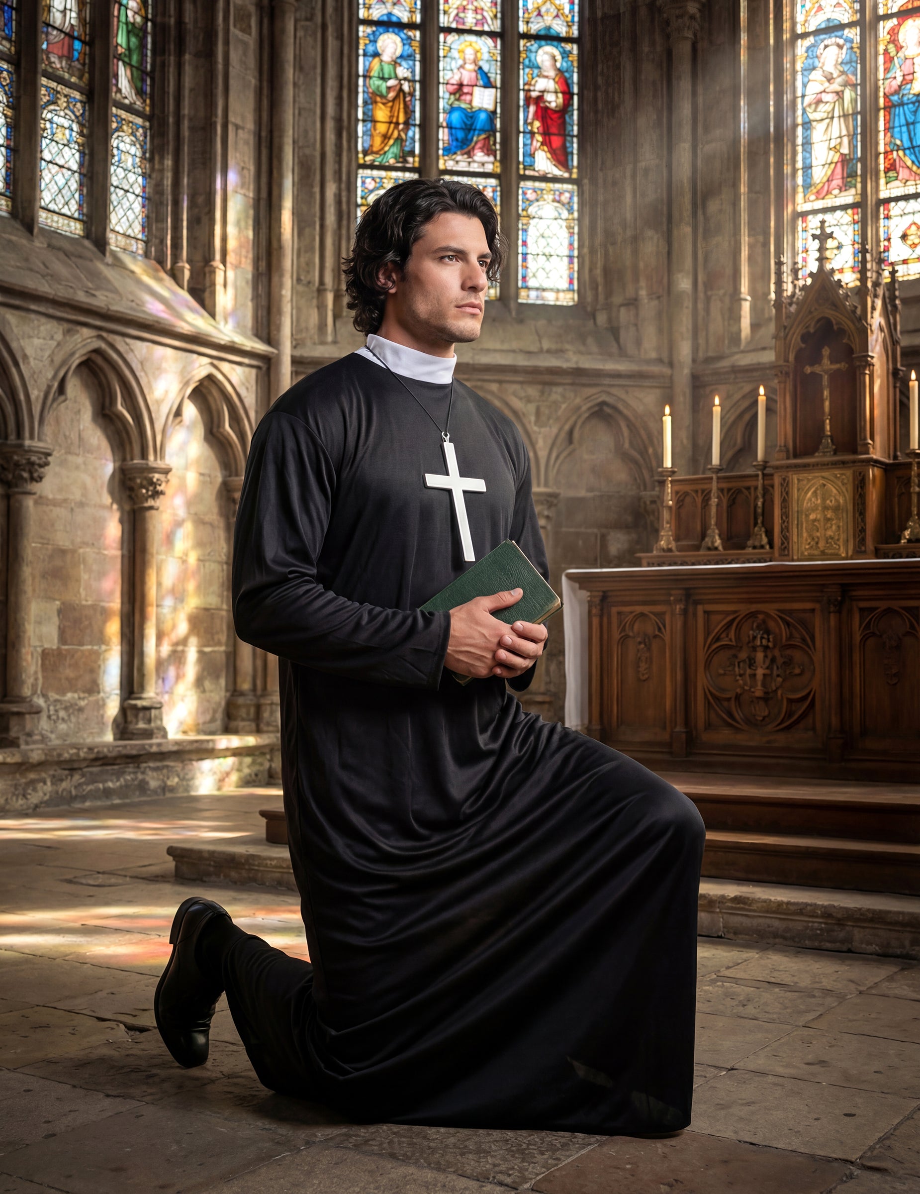 Pohled z profilu na kolenou s biblí v kostýmu kněze pro muže