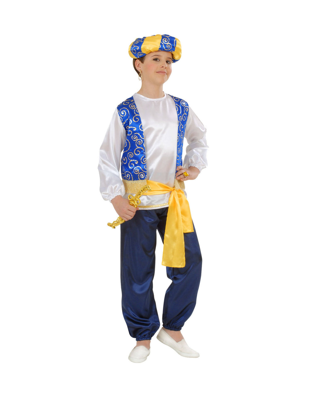 Déguisement de prince arabe pour enfant bleu et blanc avec turban et ceinture jaune