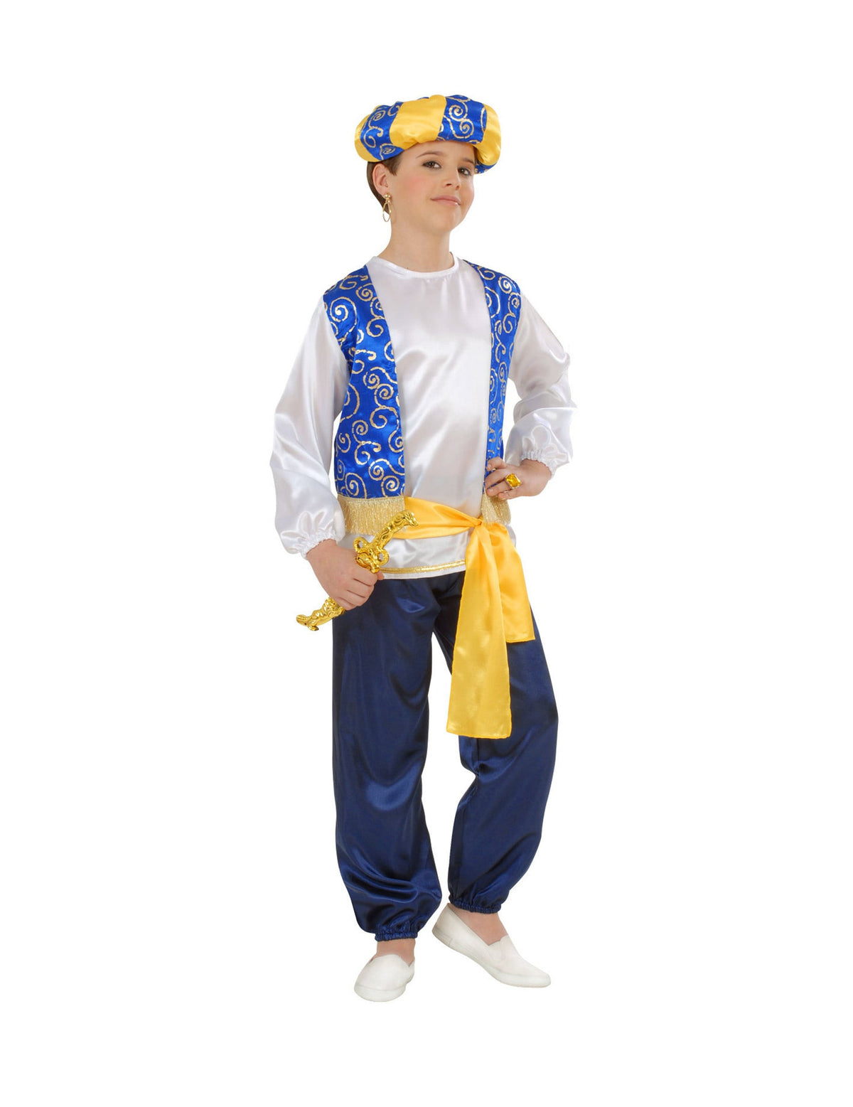 Déguisement de prince arabe pour enfant bleu et blanc avec turban et ceinture jaune