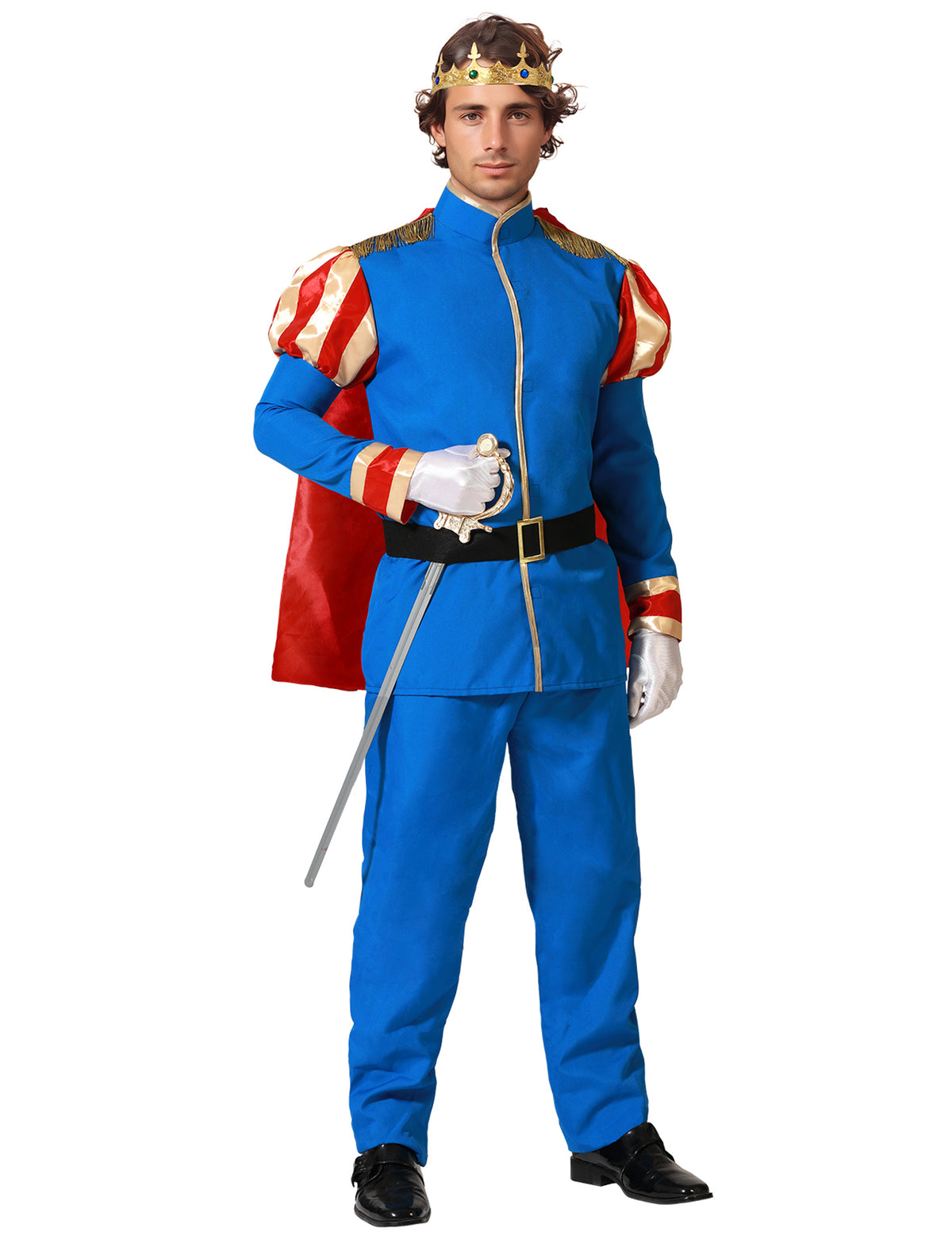 Déguisement de prince royal pour adulte bleu et rouge avec cape et couronne