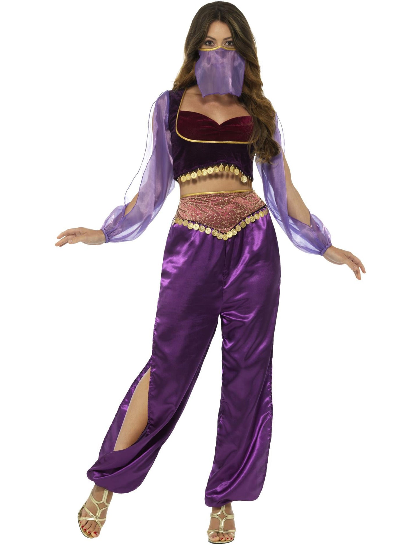 Déguisement de princesse arabe pour femme violet avec voile et pièces dorées