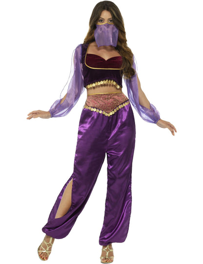 Déguisement de princesse arabe pour femme violet avec voile et pièces dorées