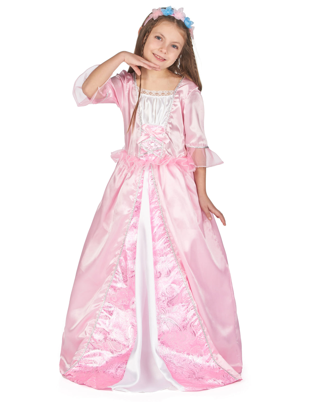 Déguisement de princesse avec une couronne à fleurs pour fille rose et blanc