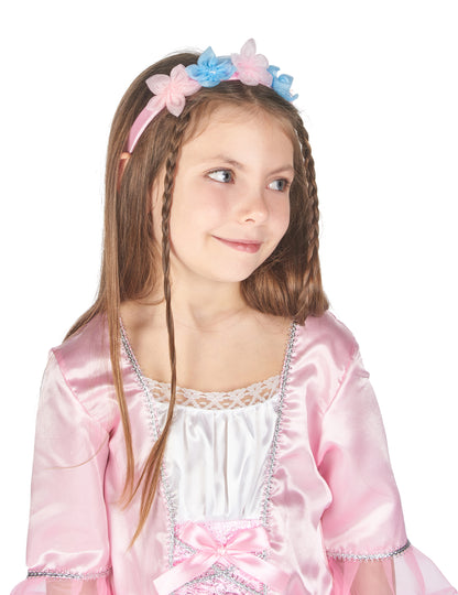 Détail de la couronne à fleurs du déguisement de princesse avec une couronne à fleurs pour fille