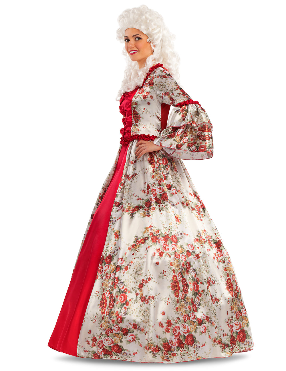Vue de profil du déguisement de princesse baroque fleurie
