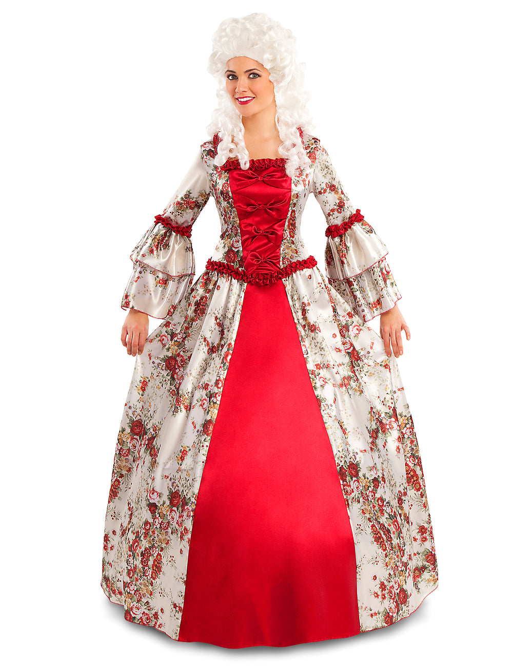 Déguisement de princesse baroque fleurie pour femme rouge et blanc à motifs fleurs