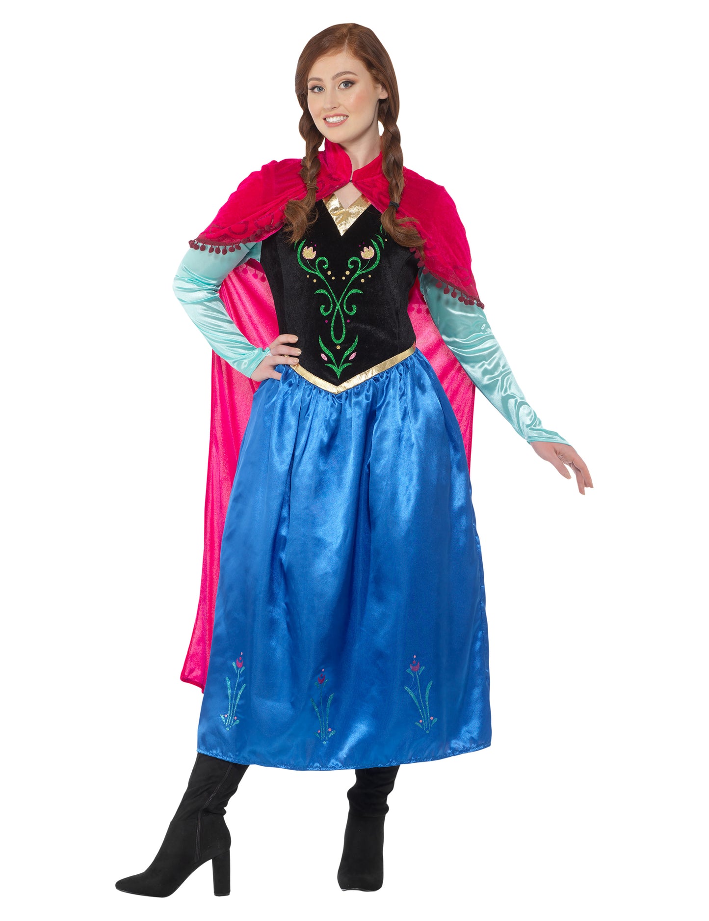 Déguisement de princesse de conte de fées pour femme bleu et noir avec cape rose