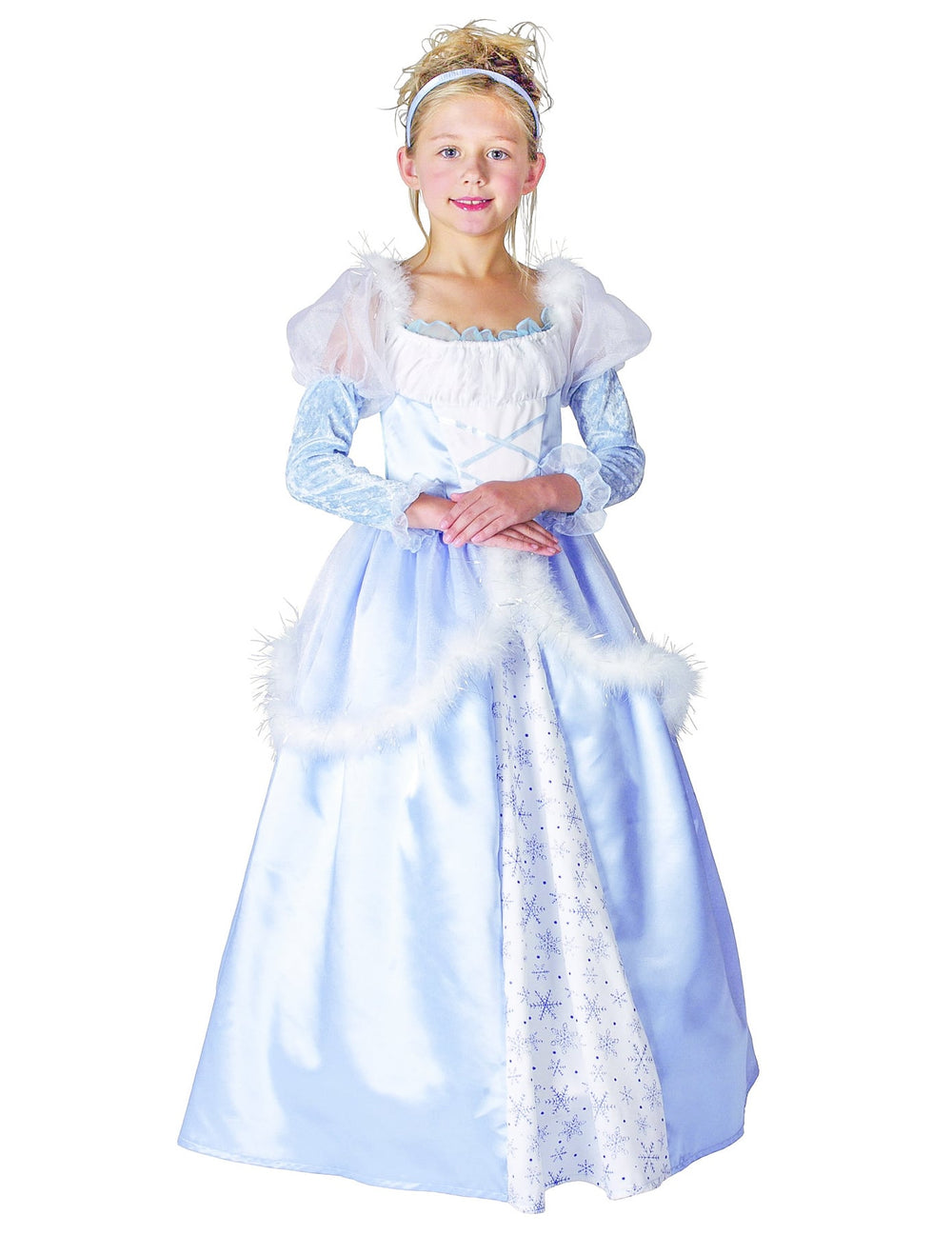 Déguisement de princesse pour enfant bleu et blanc avec motifs flocons et fausse fourrure