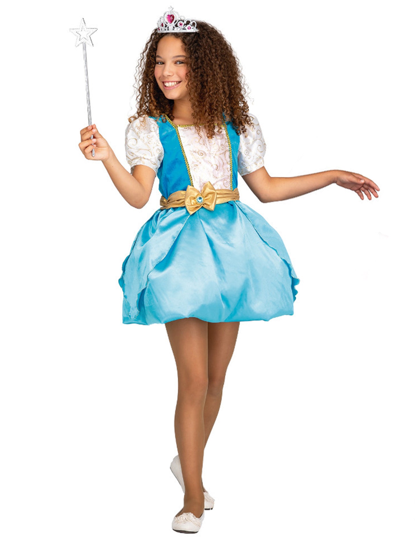 Vue de face de la robe bleue du déguisement princesse magique 2 en 1 pour fille