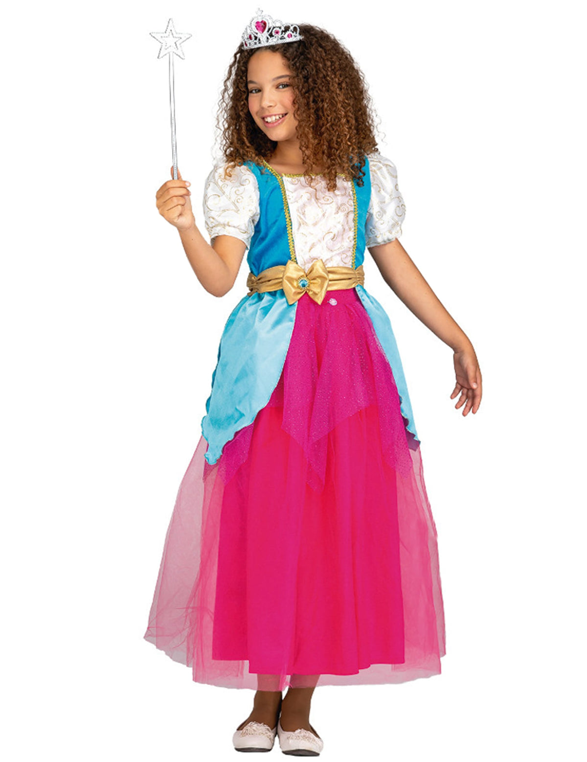 Vue de face de la version rose du déguisement de princesse magique 2 en 1 pour fille