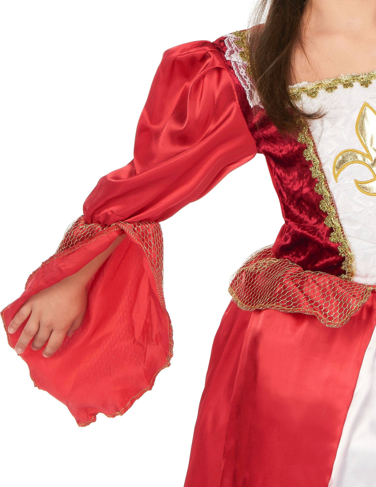 Detail rozšířené rukávy s zlatou síťovinou na kostýmu středověké princezny