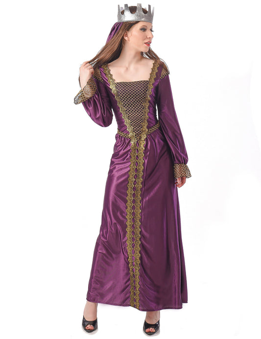 Déguisement de princesse médiévale pour femme violet et doré avec couronne